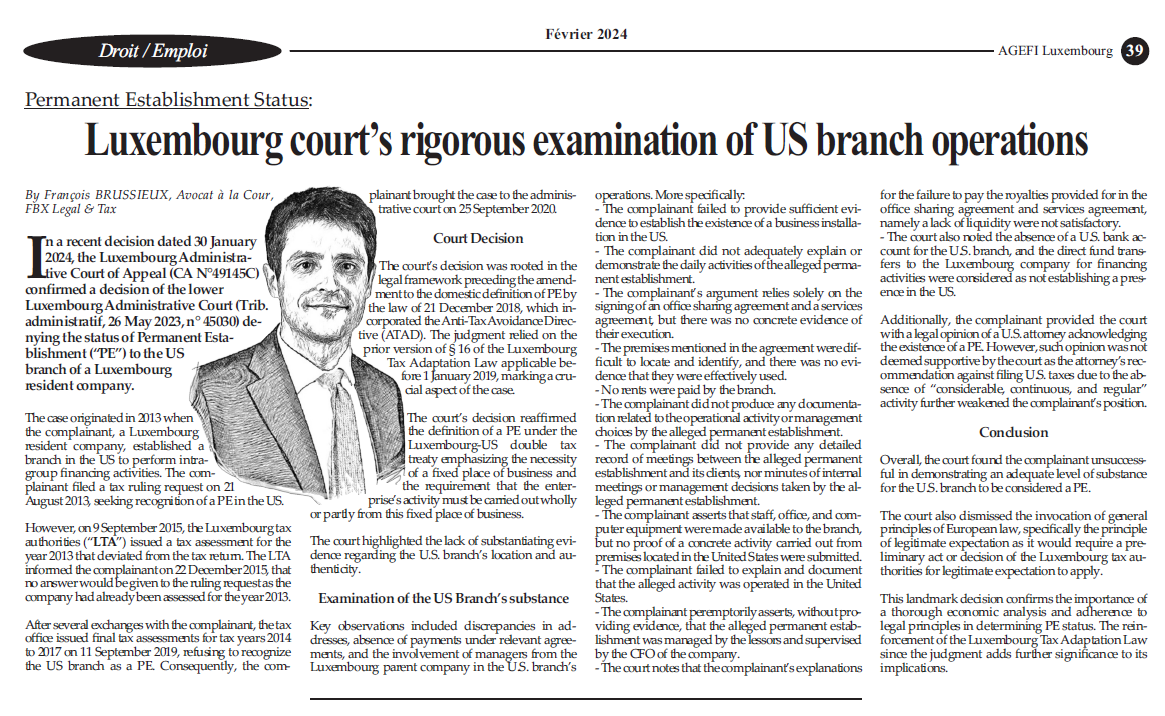 Luxembourg court’s rigorous examination of US branch operations – Article published in AGEFI Luxembourg February 2024